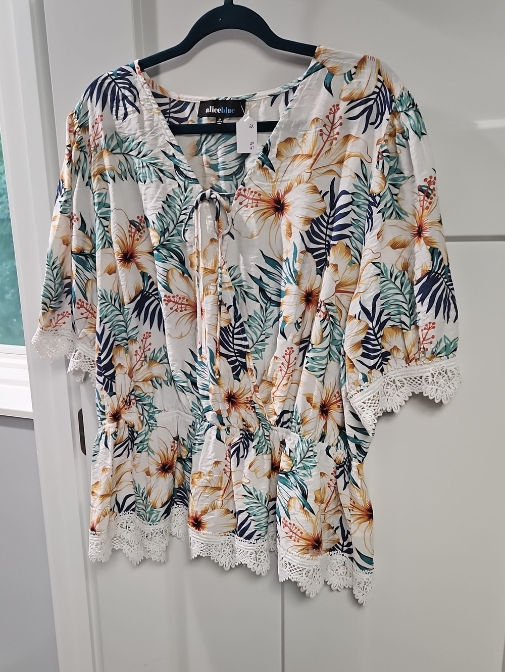 Alice Blue White Tropical Floral Lace-Trim Tie-Front Tunic